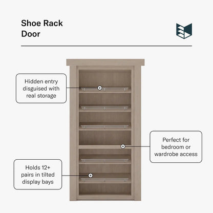 Murphy Door® Shoe Rack Door: a light wood flush mount door with hidden entry, disguised as a shoe rack holding 12+ pairs.