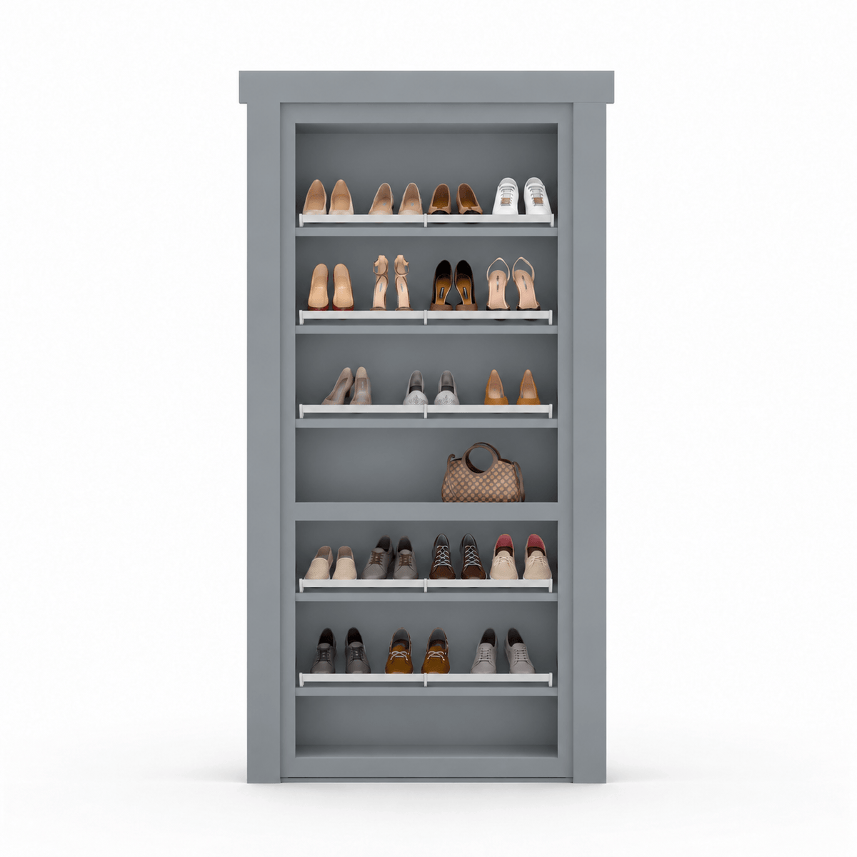 Murphy Door® gray shoe cabinet with white shelves displaying various footwear and a brown patterned handbag.