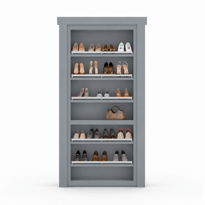 Murphy Door® gray shoe cabinet with white shelves displaying various footwear and a brown patterned handbag.