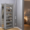Gray Murphy Door® Shoe Rack Door, flush mounted, open to reveal shoe shelves & a hidden closet. Smart home solution.