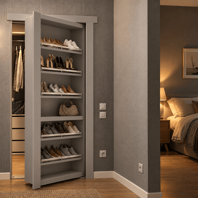 Grey Murphy Door® Flush Mount Shoe Rack Door swings open to reveal a closet, offering stylish home solutions.