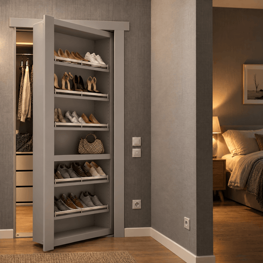 Grey Murphy Door® Flush Mount Shoe Rack Door swings open to reveal a closet, offering stylish home solutions.