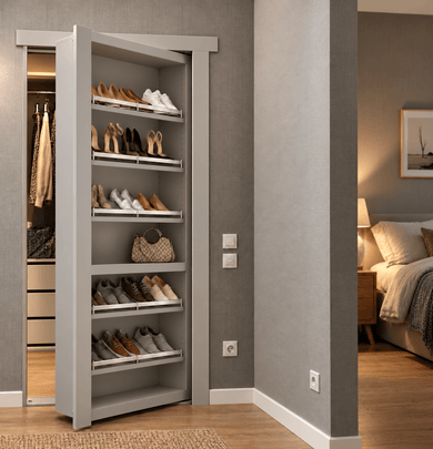Murphy Door® grey Flush Mount Shoe Rack Door, a hidden door home solution filled with shoes, opening to a closet.
