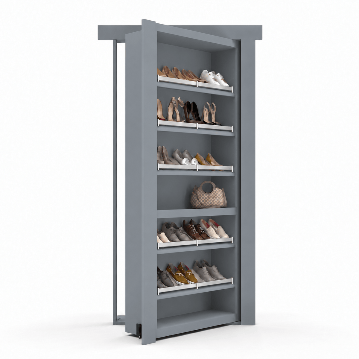 Murphy Door® grey hidden shoe rack door, partially open, revealing multiple shelves with shoes and a handbag.