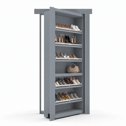 Murphy Door® grey hidden shoe rack door, partially open, revealing multiple shelves with shoes and a handbag.