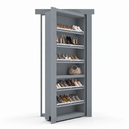 Murphy Door® grey hidden shoe rack door, partially open, revealing multiple shelves with shoes and a handbag.