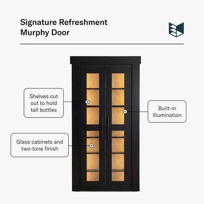 Signature Refreshment Murphy Door by Murphy Door®, a black flush mount beverage door with glass, two-tone wood, and illumination.