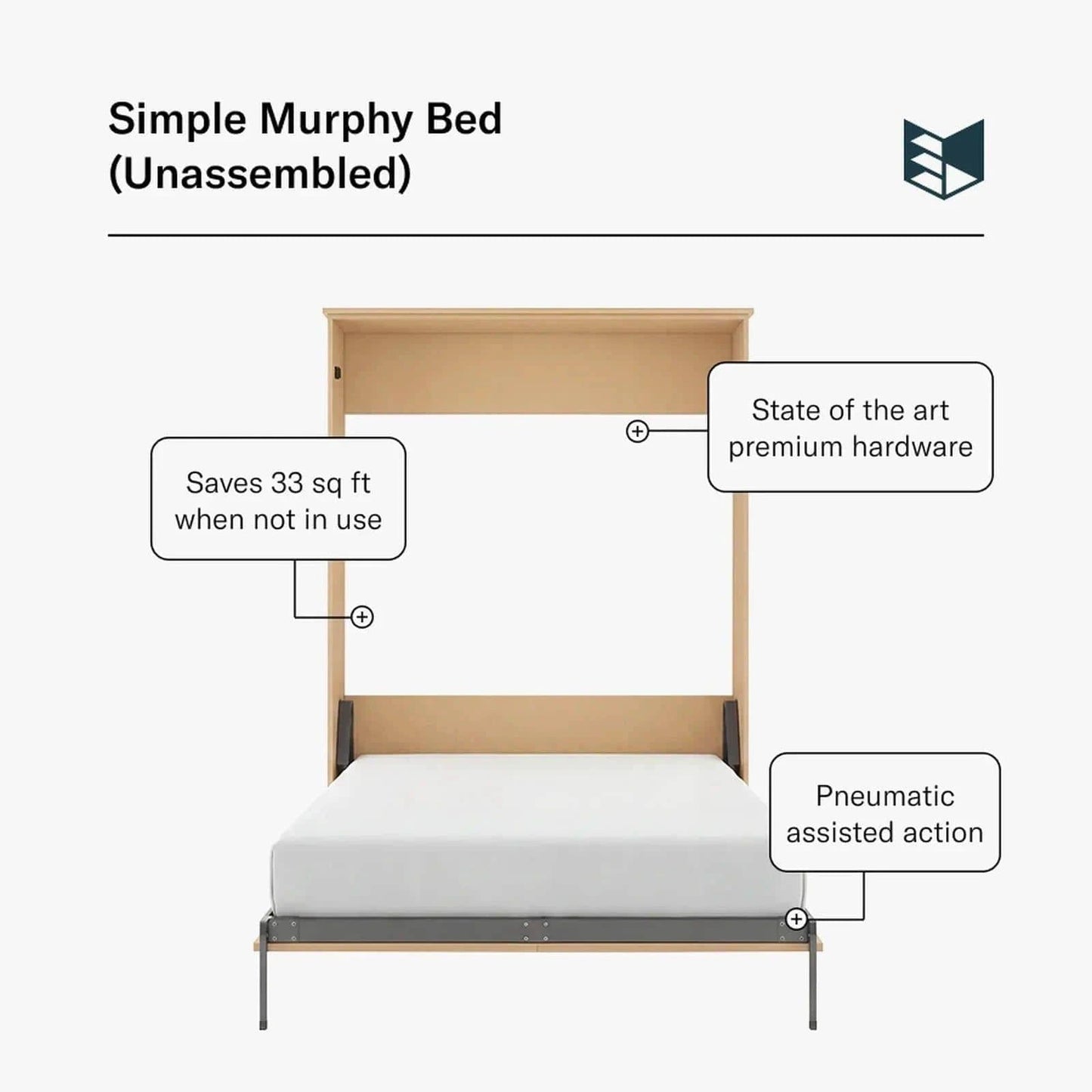 Light wood Murphy Door® Murphy Bed - Right Cabinet (Unassembled) with pneumatic assisted action & premium hardware.