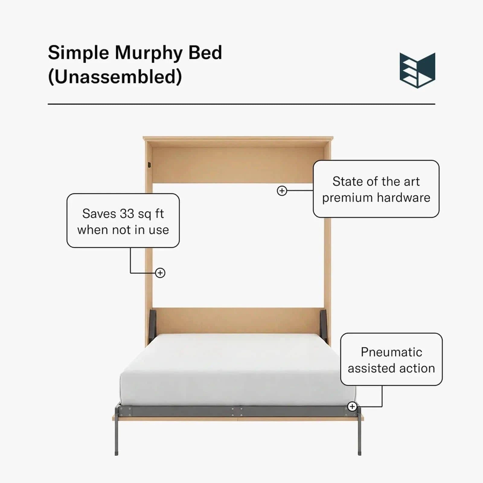 Light wood Murphy Door® Murphy Bed - Right Cabinet (Unassembled) with pneumatic assisted action & premium hardware.