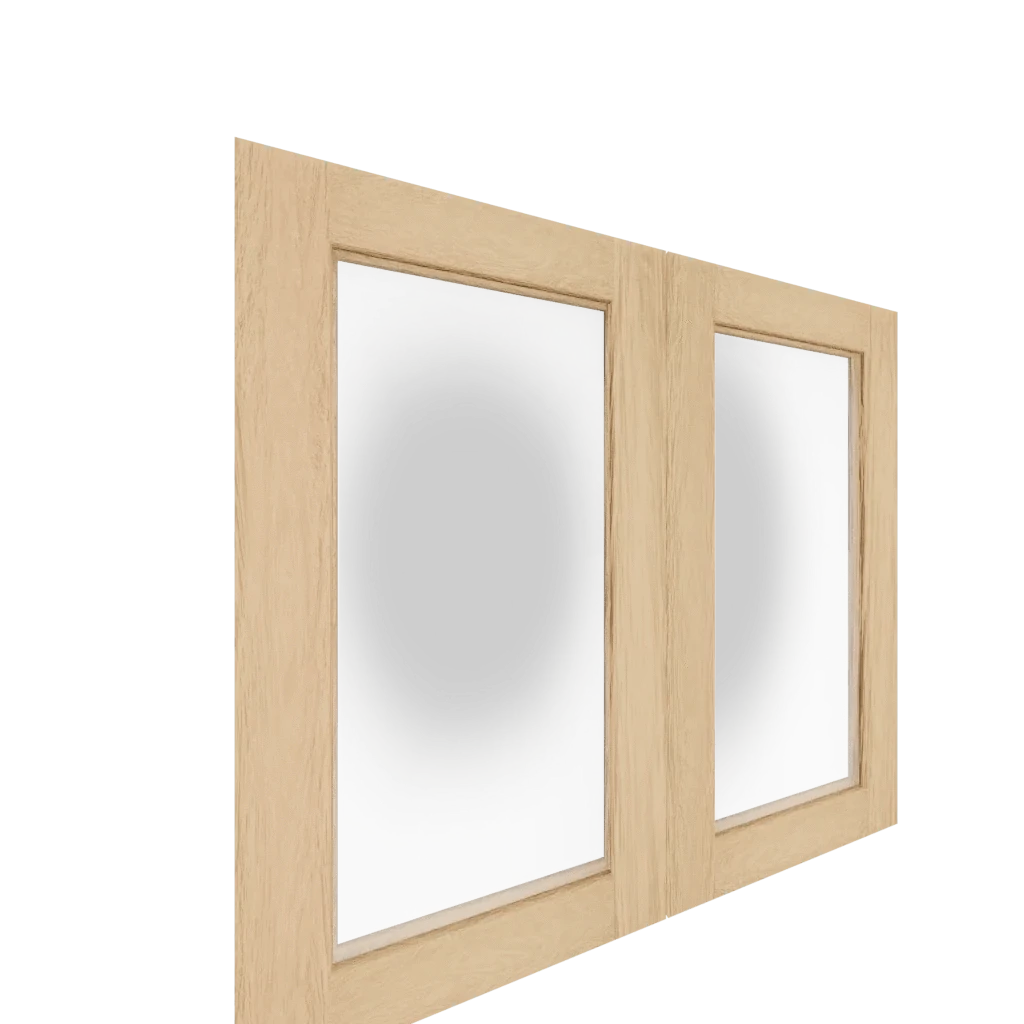 Two white oak lower glass panel French doors with obscure glass, shown at an angle