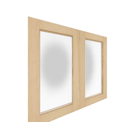 Two white oak lower glass panel French doors with obscure glass, shown at an angle