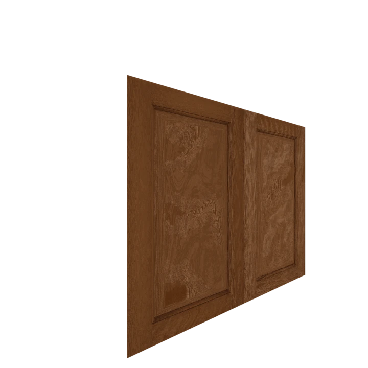 Murphy Door® wooden cabinet doors in rich brown finish with decorative panel design, shown at an angle.