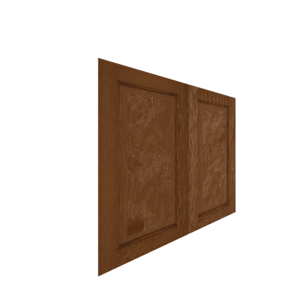 Murphy Door® wooden cabinet doors in rich brown finish with decorative panel design, shown at an angle.