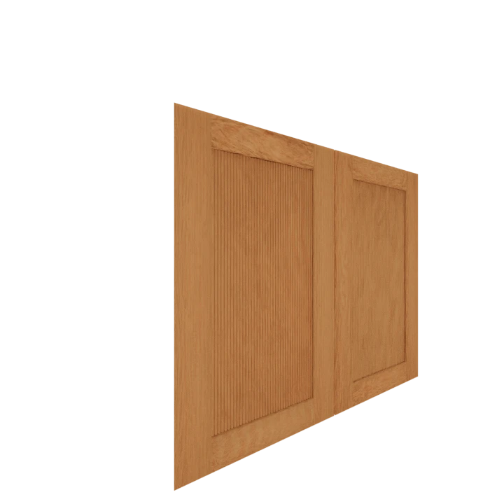 Murphy Door® wooden cabinet door panels in light oak finish with vertical ribbed detail and shaker-style frame design.