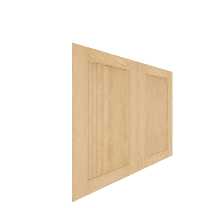 Murphy Door® unfinished wooden cabinet door panels with light pine finish, featuring flat and reeded designs in a side-by-side view.