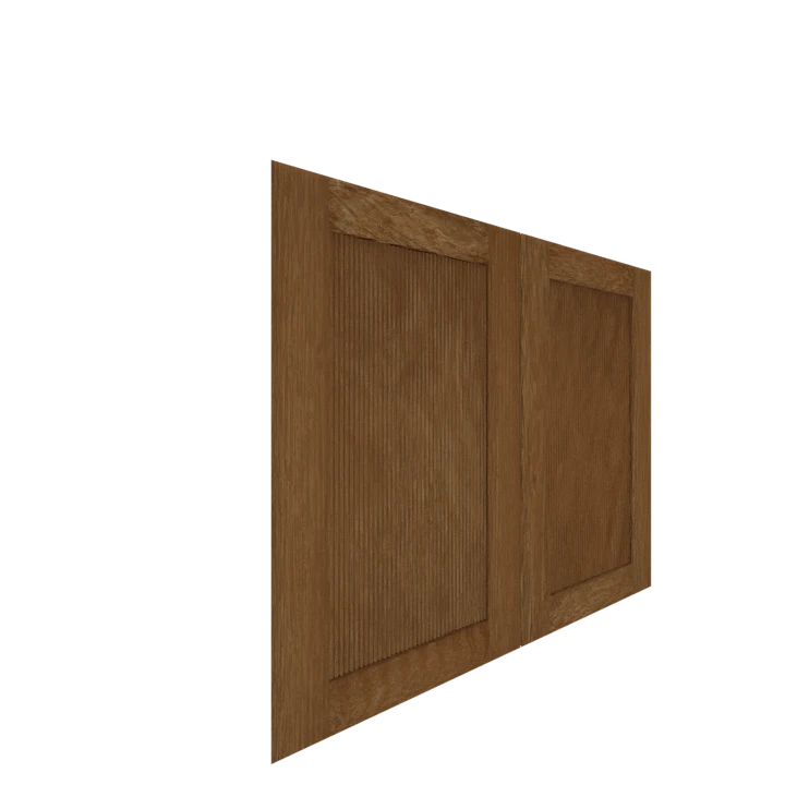 Brown wooden Murphy Door® cabinet panel with textured finish, shown at an angle to display the crafted frame design.