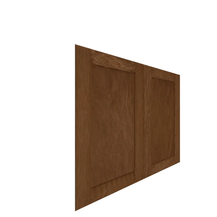 Angled view of a left French door style inset shaker cabinet door with a reeded panel in medium brown wood veneer