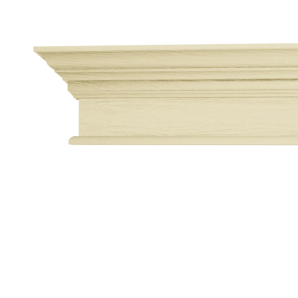 A light cream-colored white oak crown back entablature molding with visible wood grain and decorative profiles