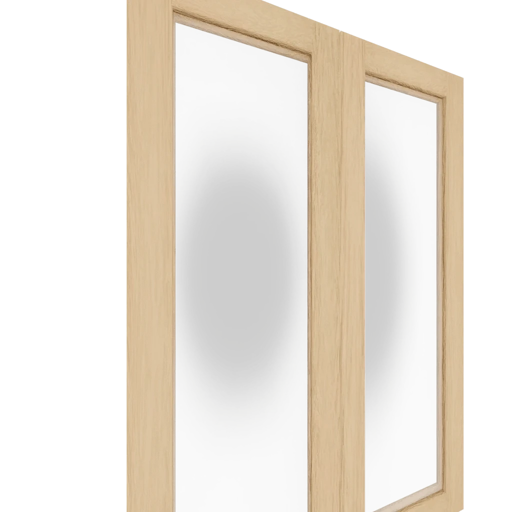 Angled view of two White Oak Upper Glass Panel Cabinet Door panels with frosted glass
