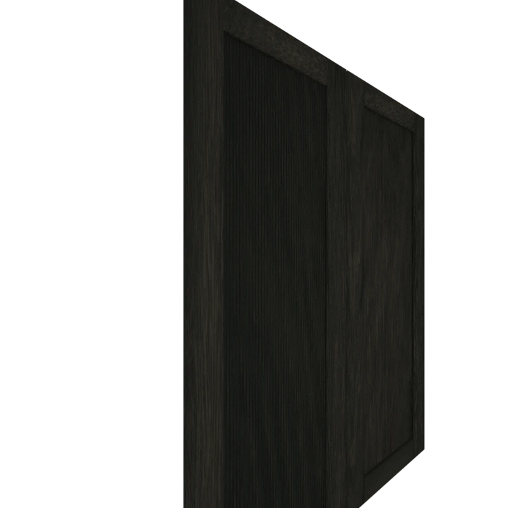 Murphy Door® black wooden panel door viewed at an angle, showing textured frame and paneled design in dark finish.