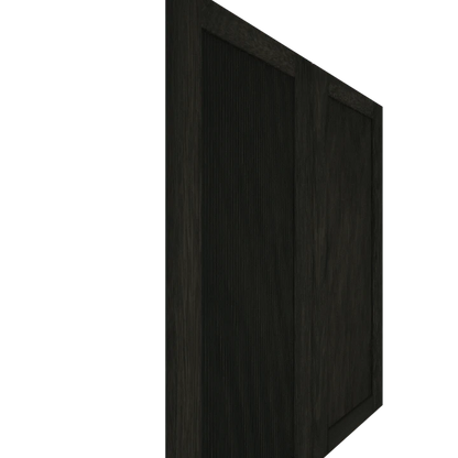Murphy Door® black wooden panel door viewed at an angle, showing textured frame and paneled design in dark finish.