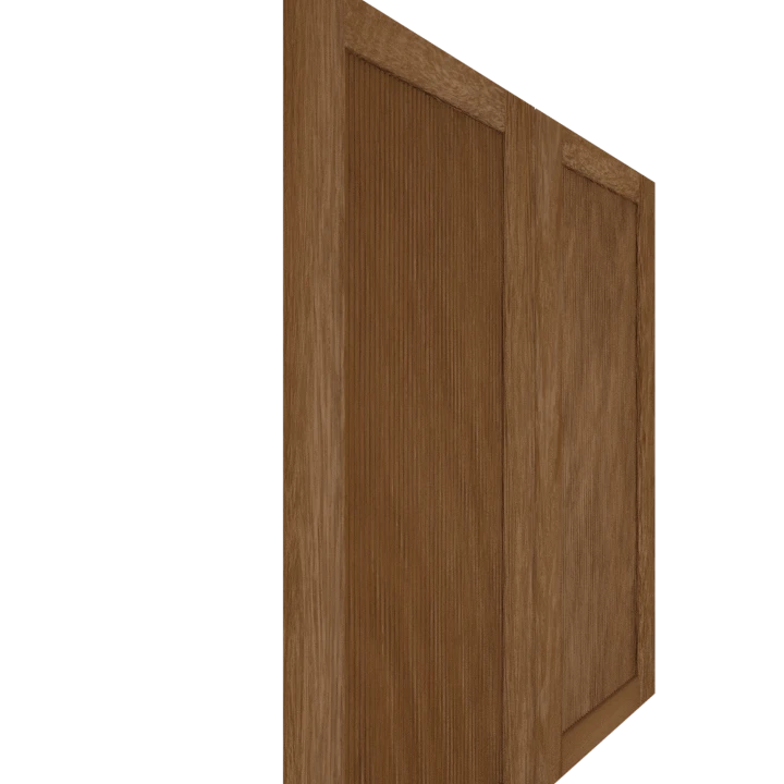 Murphy Door® wooden panel door in medium brown oak finish with vertical grain pattern, shown from an angled perspective.