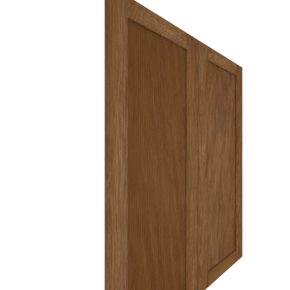 Murphy Door® wooden panel door in medium brown oak finish with vertical grain pattern, shown from an angled perspective.