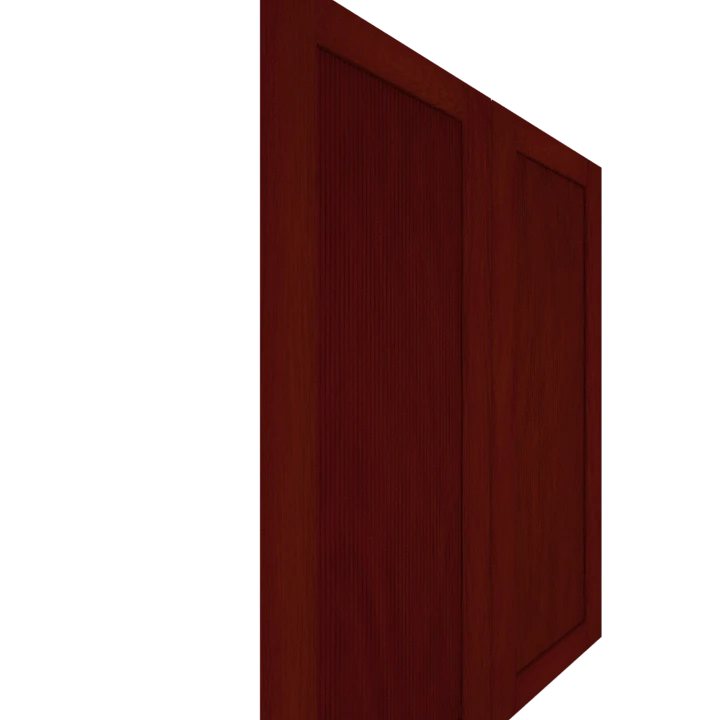 Murphy Door® rich mahogany panel door with vertical grooves, shown in angled perspective, featuring elegant wood finish.