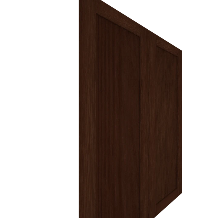 Murphy Door® dark brown wooden panel door with vertical grain pattern shown at an angle against white background.