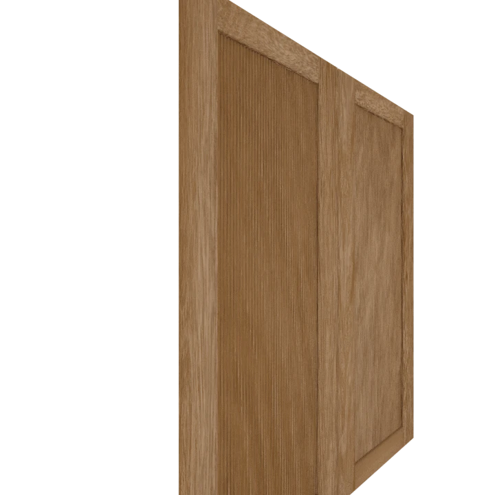 Murphy Door® wooden cabinet door panel in light oak finish with vertical grain pattern, shown at an angle.