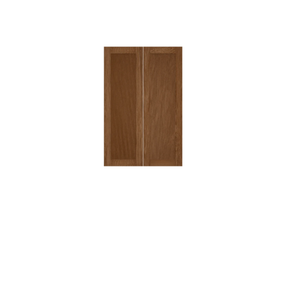 Murphy Door® wooden cabinet doors in medium brown finish with panel design, ideal for hidden door installations.