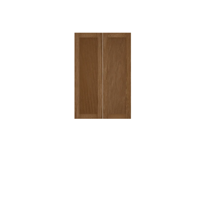 Murphy Door® wooden cabinet doors in medium brown oak finish with vertical grain pattern and panel detailing.