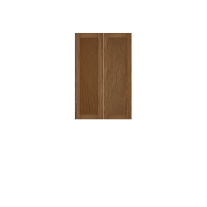 Murphy Door® wooden cabinet doors in medium brown oak finish with vertical grain pattern and panel detailing.