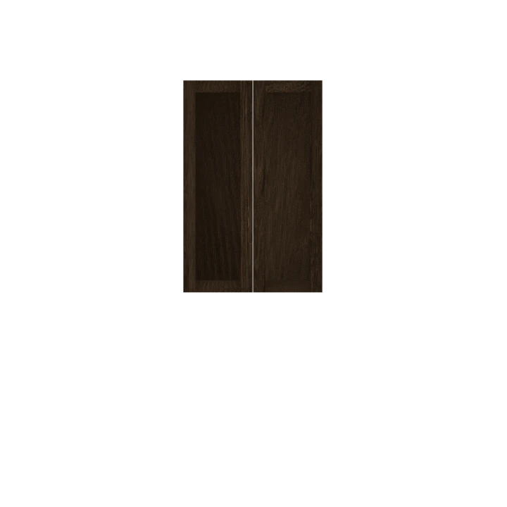 Murphy Door® dark wood cabinet doors with center seam in rich espresso finish, ideal for hidden door solutions.