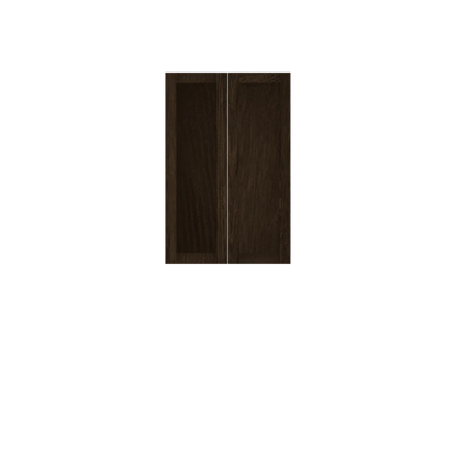 Murphy Door® dark wood cabinet doors with center seam in rich espresso finish, ideal for hidden door solutions.