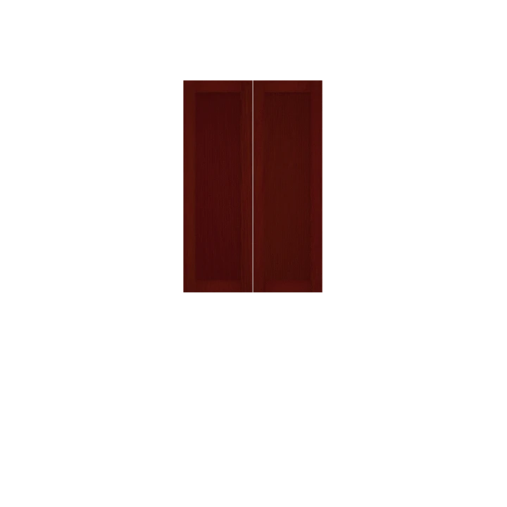 Murphy Door® double cabinet doors in rich mahogany finish with sleek vertical design for hidden storage solutions.