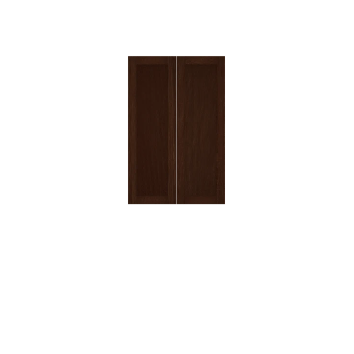 Murphy Door® dark espresso wooden bifold door panels with sleek vertical design and center seam.