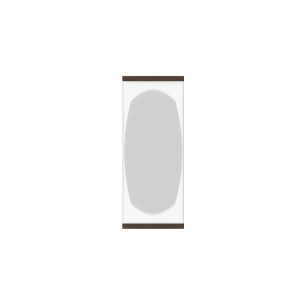 Murphy Door® modern white hidden door, with light gray panels (one rounded) & dark brown trim.