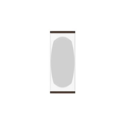 Murphy Door® modern white hidden door, with light gray panels (one rounded) & dark brown trim.
