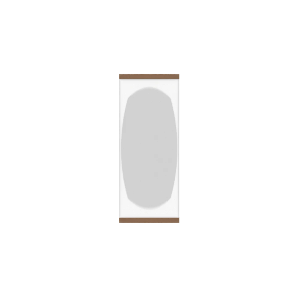 Murphy Door® hidden cabinet door, white with light gray rounded panel and brown trim, next to a gray wall.