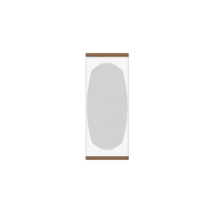 Murphy Door® hidden cabinet door, white with light gray rounded panel and brown trim, next to a gray wall.
