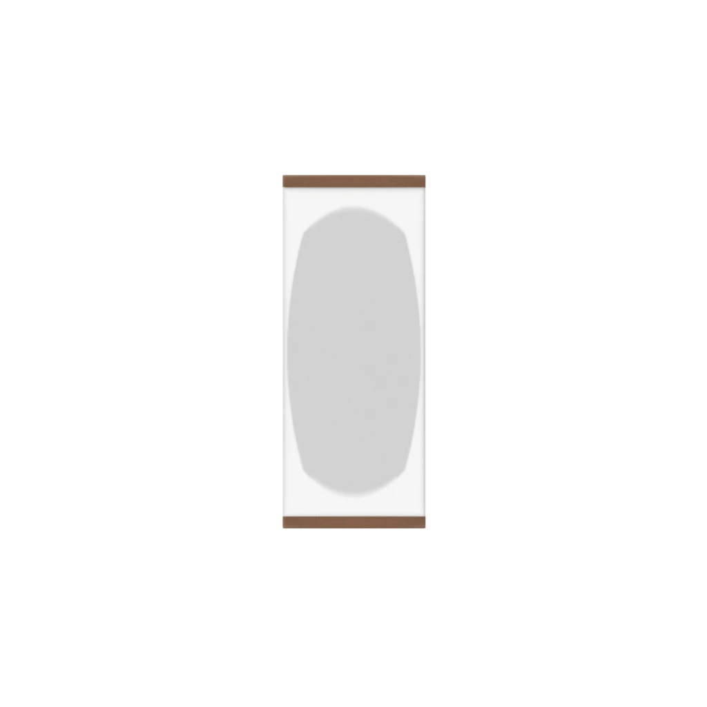 Murphy Door® light gray hidden door, with a brown frame, featuring a subtle oval design, blending into a wall.