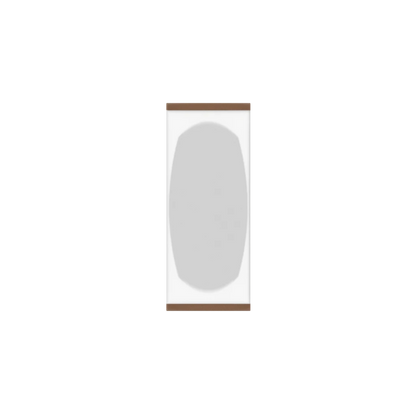 Murphy Door® light gray hidden door, with a brown frame, featuring a subtle oval design, blending into a wall.