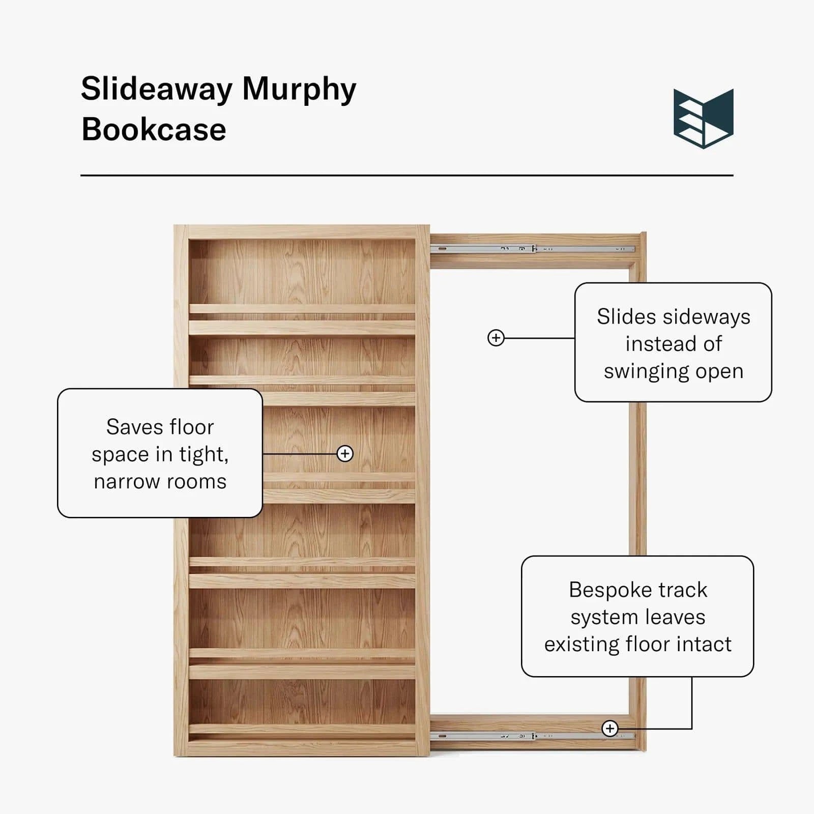 Murphy Door® Slideaway Murphy Bookcase: a light wood flush mount bookcase door that slides sideways, saving space.