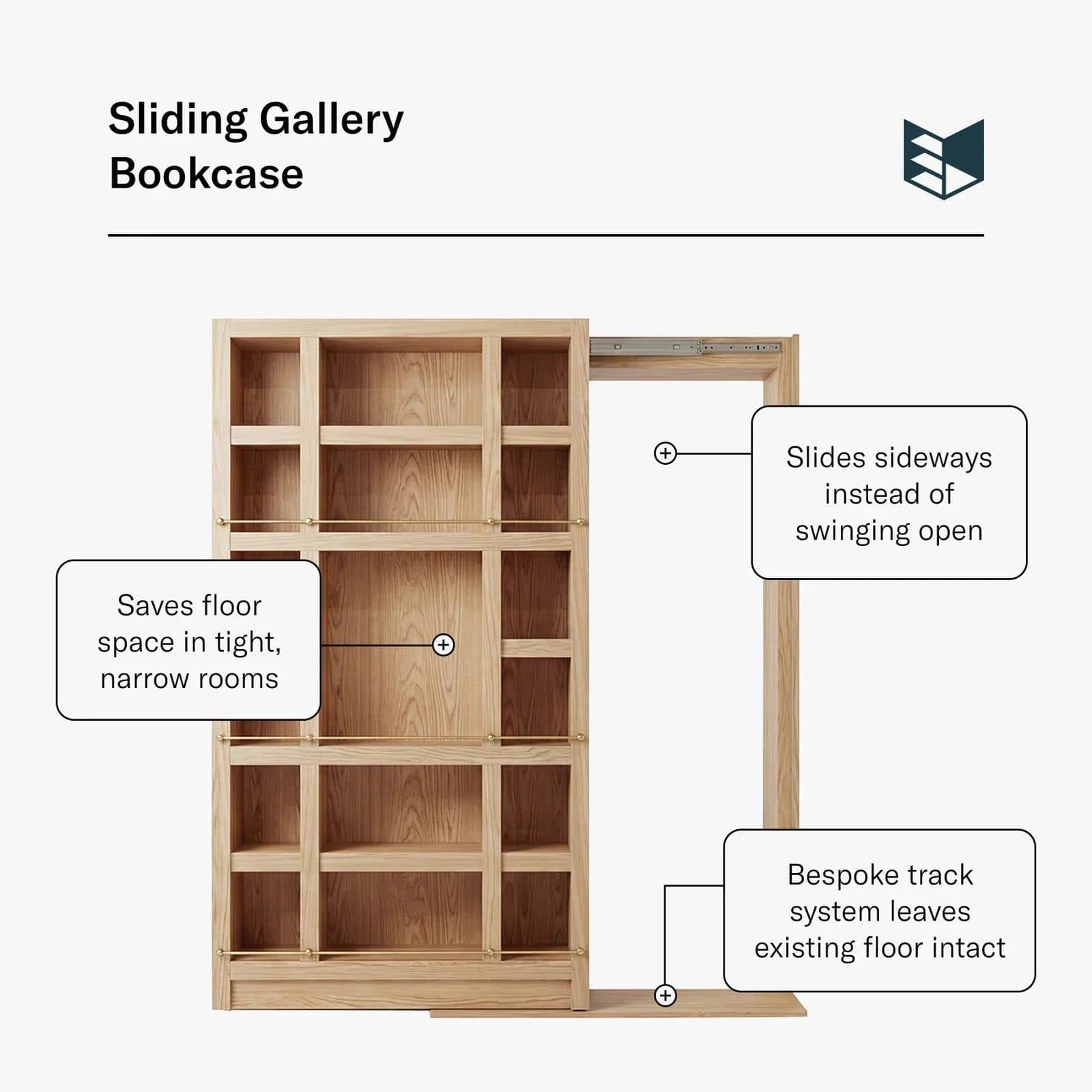 Murphy Door® Sliding Gallery Bookcase in light wood. This Bookcase Door saves space, sliding sideways on a bespoke track system.