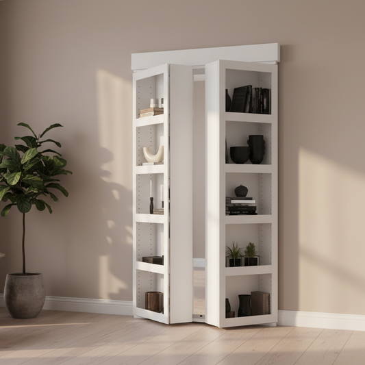 Murphy Door® white Surface Mounted French Door bookcase (IBS24) open, revealing a hidden space with books & decor.