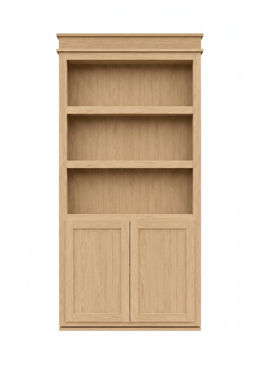 Murphy Door® light oak wood bookshelf with open shelves and two panel cabinet doors.