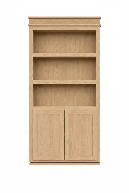 Murphy Door® light oak wood bookshelf with open shelves and two panel cabinet doors.
