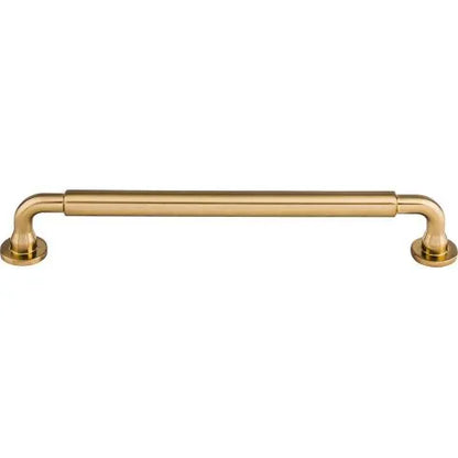 Murphy Door® brass cabinet pull handle with cylindrical rod design and round mounting bases in elegant gold finish.
