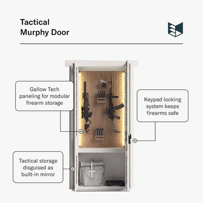 White Murphy Door® Tactical Gun Door with Gallow Tech firearm storage, keypad access control, disguised as a mirror.